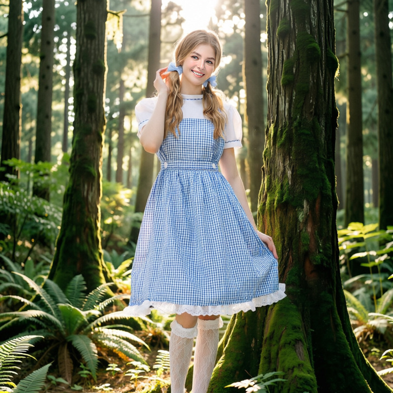 Blue and white plaid dress for women, fairy tale cosplay costume, vintage maid princess dress, Halloween performance outfit Blue and white plaid dress for women, fairy tale cosplay costume, vintage maid princess dress, Halloween performance outfit