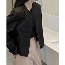 部分现 2025秋季新款韩国东大门甜美复古气质系扣圆领PU夹克短外