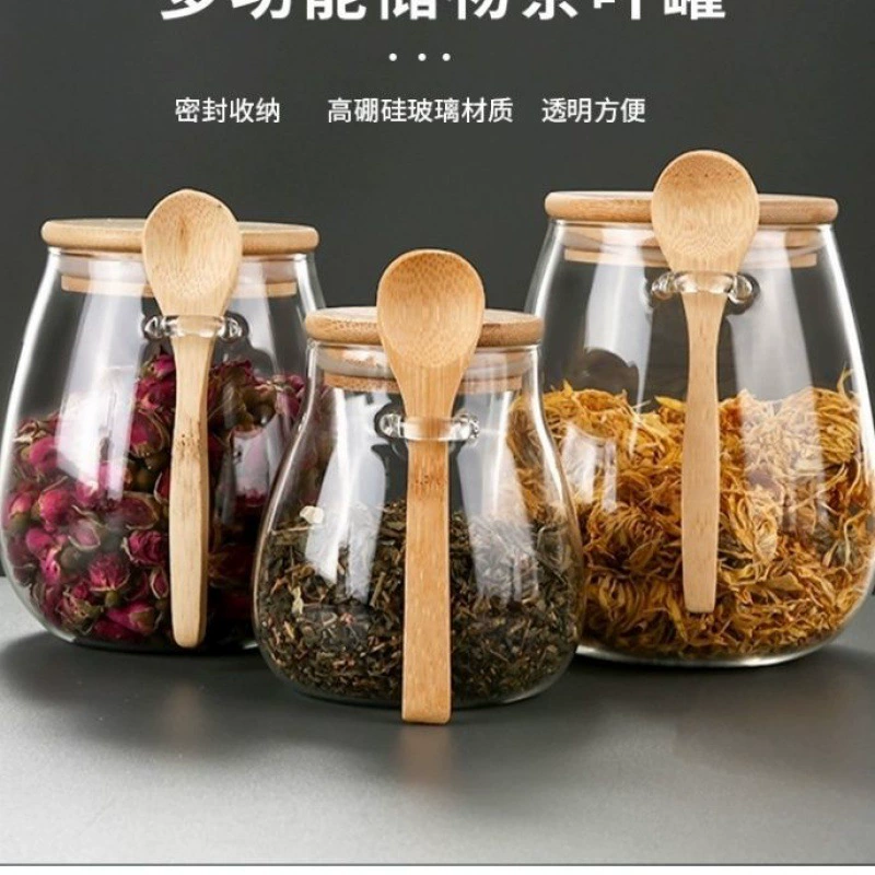Стеклянная герметичная банка с ложкой для хранения зерна и продуктов, банка для цветочного чая, банка для приправ