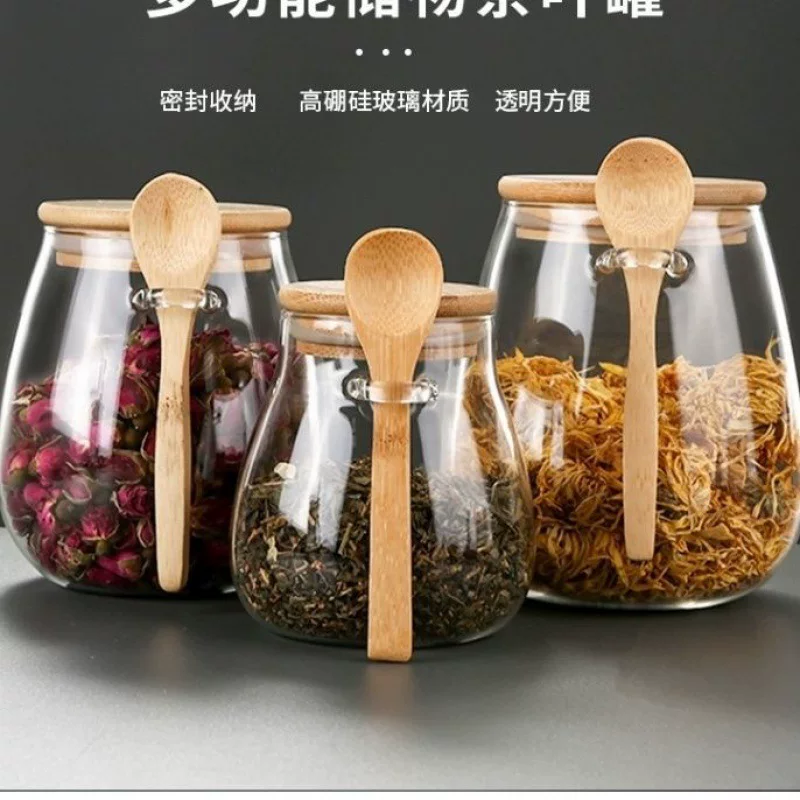 Стеклянная герметичная банка с ложкой для хранения зерна и продуктов, банка для цветочного чая, банка для приправ