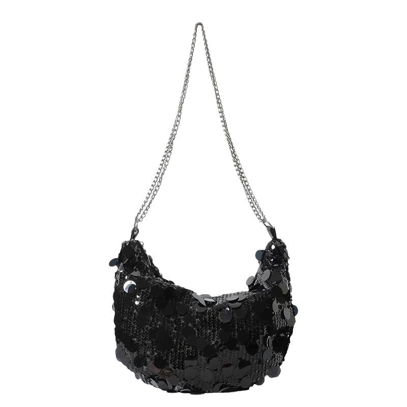 Shoulder Bag Sequin Moon Shape, Chain Strap, Metallic Sequins, 21×3×20 cm