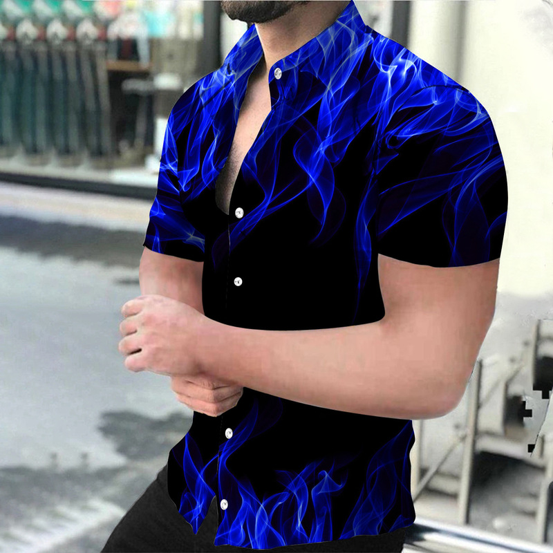 Foreign Trade Men's Casual Short-Sleeved 3D Printed Flame Shirt European and American Personalized Men's Clothing Amazon Large Size Men's Shirt