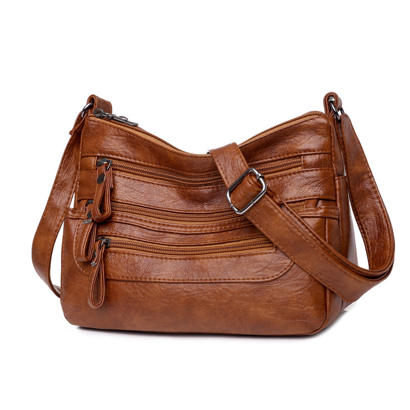 Bolso de hombro de mujer de cuero lavado de gran capacidad nueva mochila de mujer de múltiples capas de moda bolsa de mensajero de cuero suave simple ligero de moda