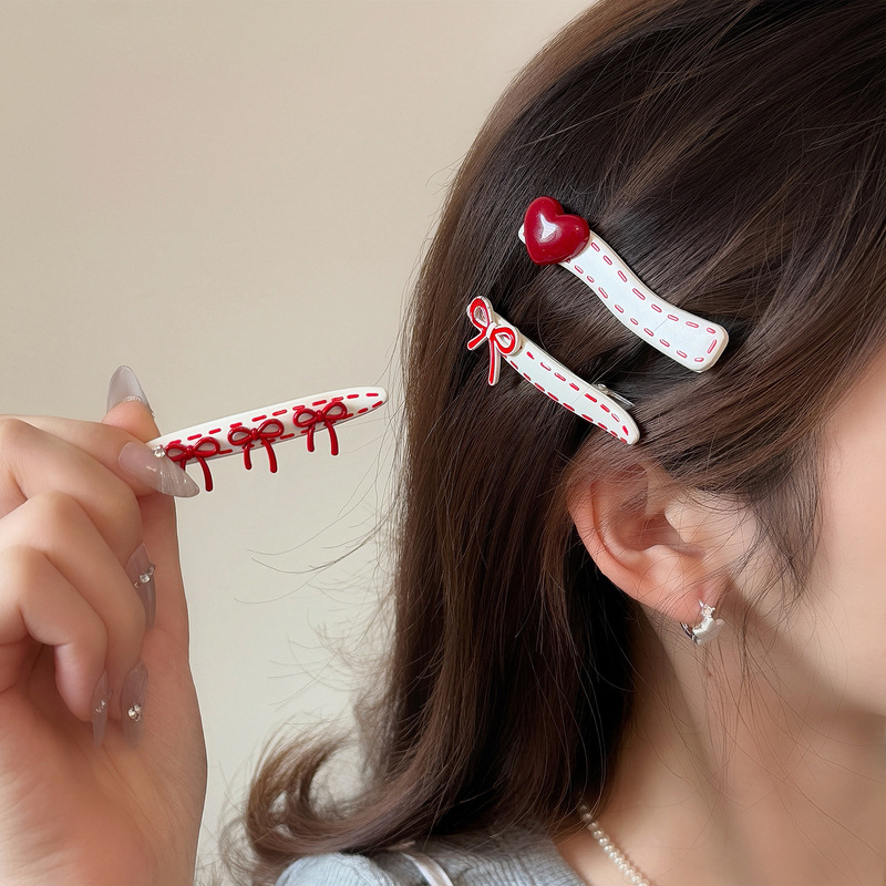 韓国風赤リボン水玉ヘアピン、甘くて可愛い前髪クリップ、ヘアクリップ、シンプルで細長いカモノハシクリップ|undefined