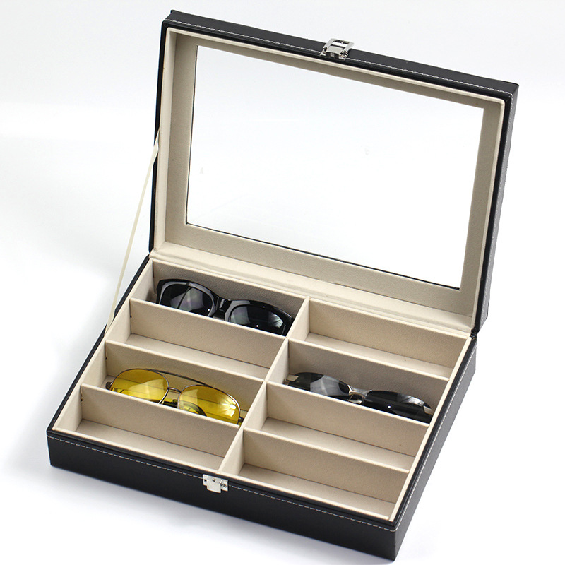 2021年新款厂家现货8位眼镜盒 批发pu皮8格木质太阳眼镜盒收纳盒