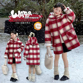 女童外套2025新款加厚洋气时髦儿童中大童格子连帽毛呢冬季呢大衣