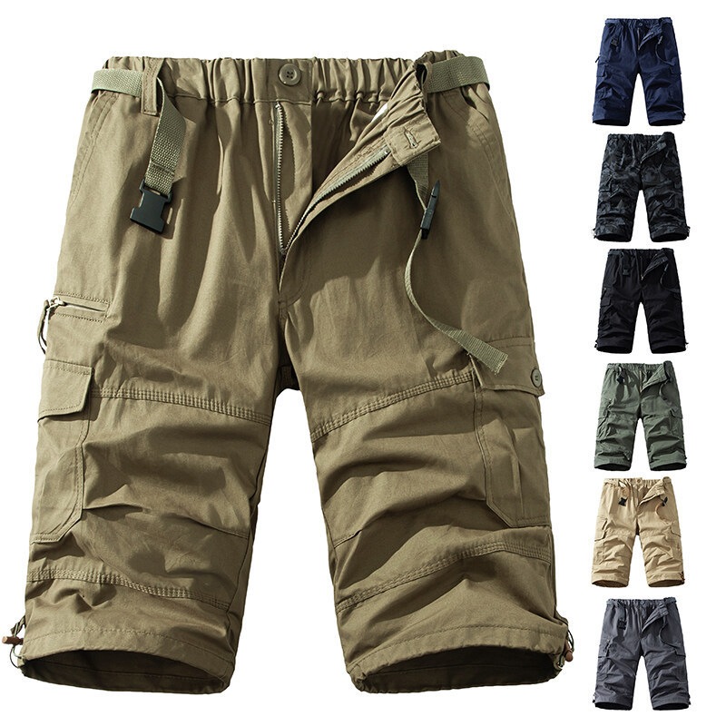 2025 Summer Cotton Thin Cargo Pants Men's Cropped Pants Loose Straight Mid-Length Pants Trendy Wear-Resistant 7-Point Shorts