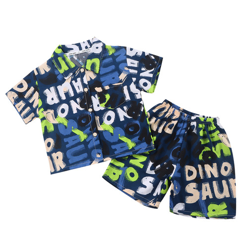 Style boys' new children's shirt suit summer short-sleeved outer wear casual thin medium and large children's clothing suit