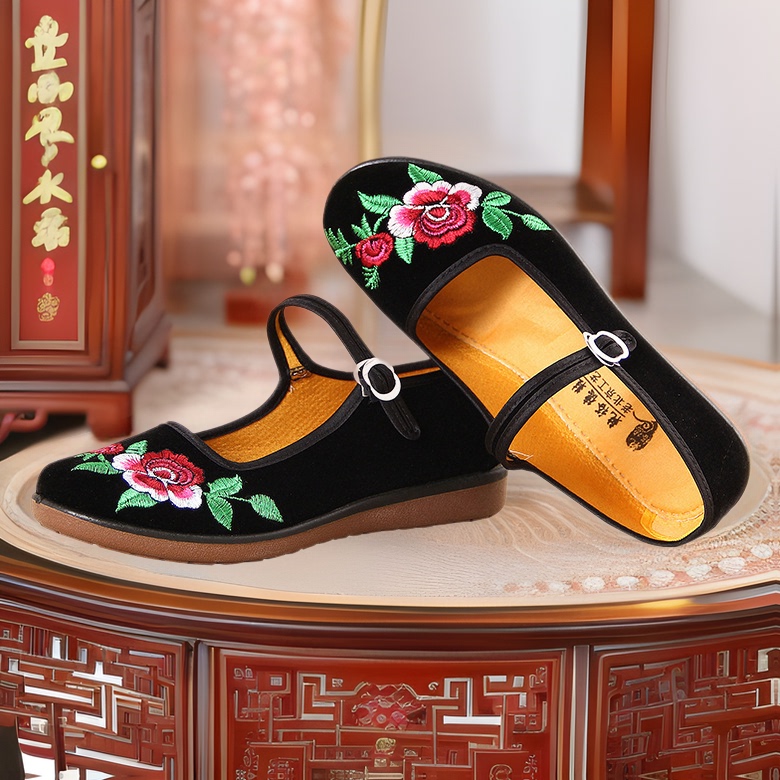Women's Embroidered Flat Shoes, Black Soft-Soled Dance Shoes for Moms, Breathable, Comfortable, Non-Slip Dad-Style Cloth Shoes for Hotel Work Women's Embroidered Flat Shoes, Black Soft-Soled Dance Shoes for Moms, Breathable, Comfortable, Non-Slip Dad-Style Cloth Shoes for Hotel Work