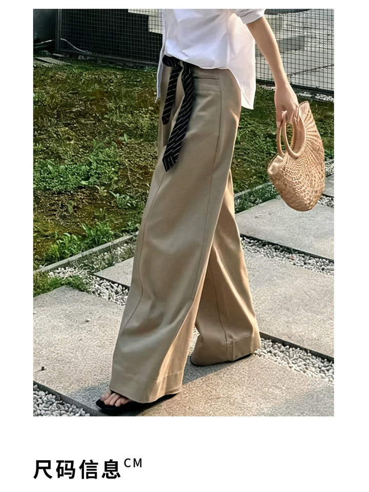 Quần tây nữ ống đứng dáng rộng cạp cao, phong cách tối giản, vải rủ nhẹ — Màu kaki sương mù chi tiết 3