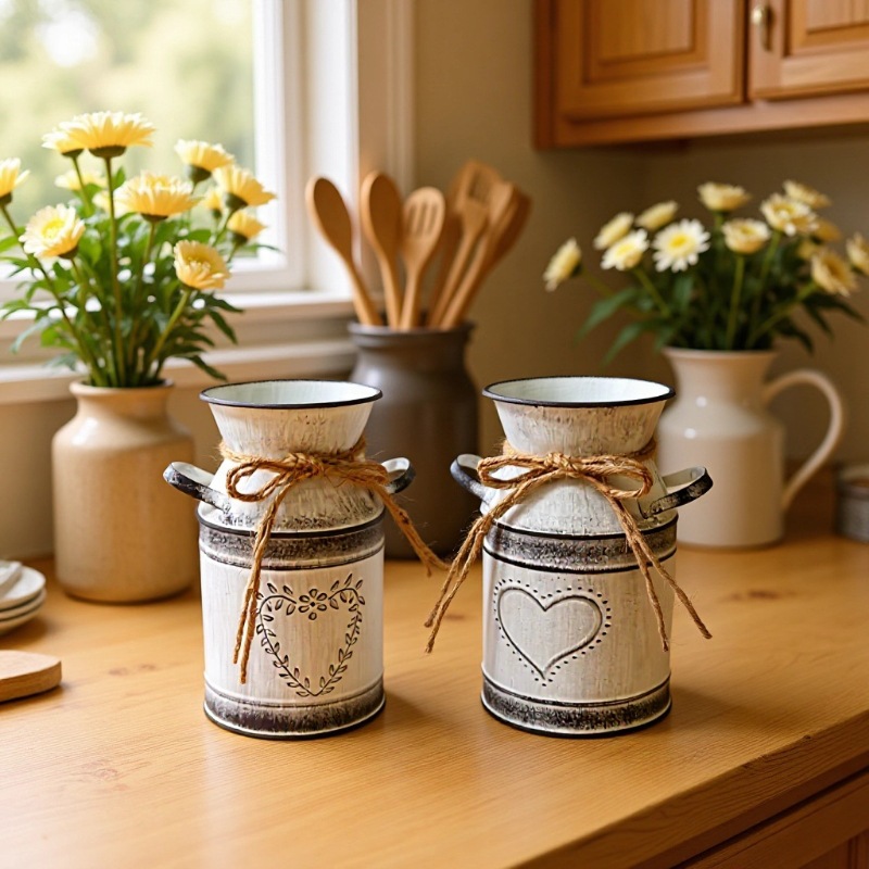 Vintage Wrought Iron Creative White Heart-Shaped Distressed Milk Jug Flower Arrangement Holder Home Decor Art Retro Style Flower Pot