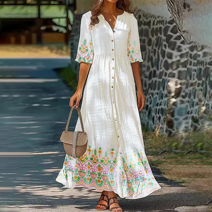 2025 European and American Women's Clothing Amazon Independent Station Three-Quarter Sleeve Digital Printing Dress Long Skirt Buttons