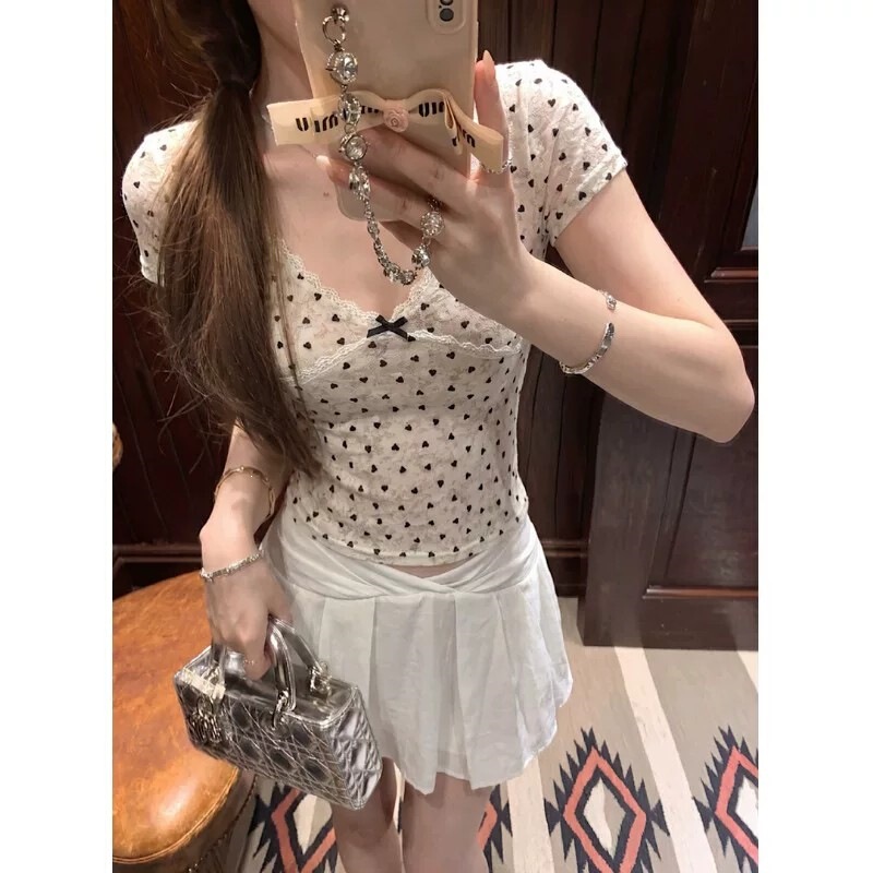 Agate gray short-sleeve T-shirt with polka dots and lace trim, women's summer bow-tie slim-fit versatile top