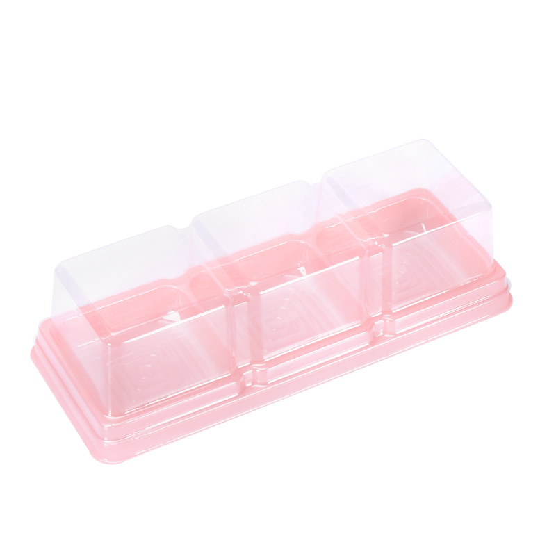 Cuadrado pastel de Luna transparente blister caja de embalaje nieve Meinoang Western dot yema de huevo crujiente 3-pieza desechable mousse para hornear caja