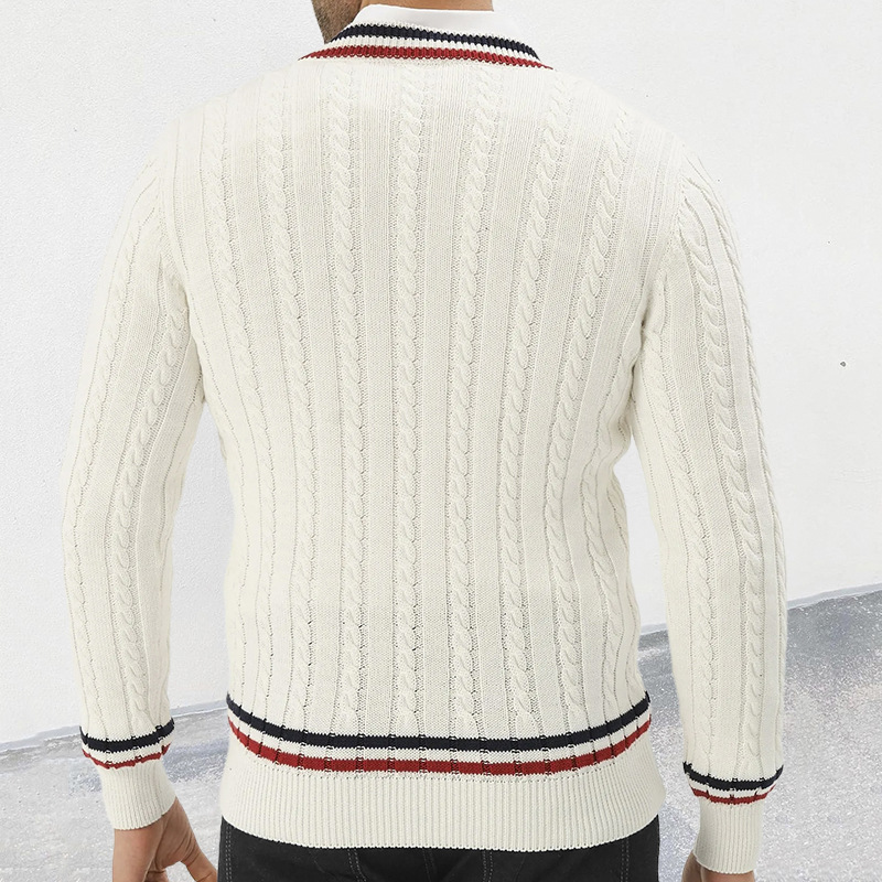 Pull à col en V et manches longues pour homme, couleur assortie, pull slim en tricot_voghion.com