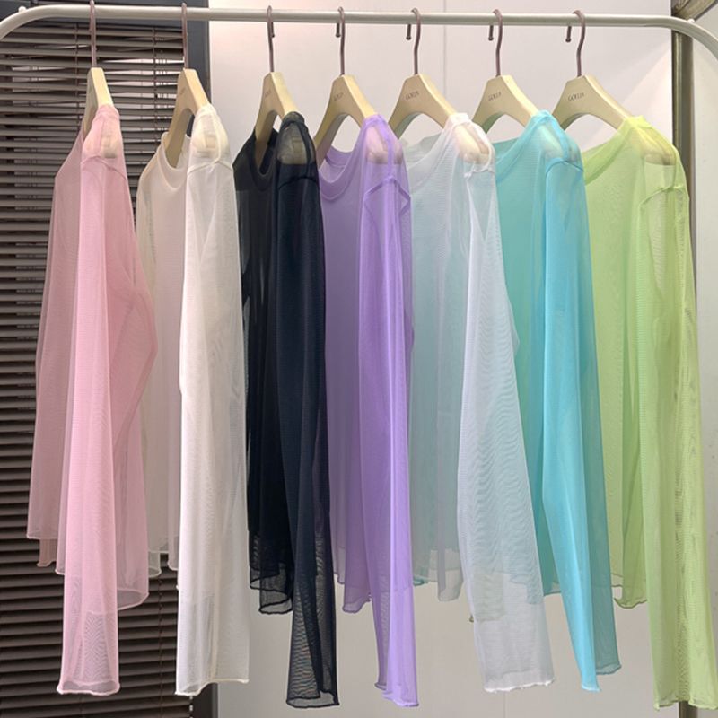 New Candy Color Ice Silk Sunscreen Shirt Women's Long-sleeved Inner Summer Base Shirt Thin T-shirt Top Mesh Shirt