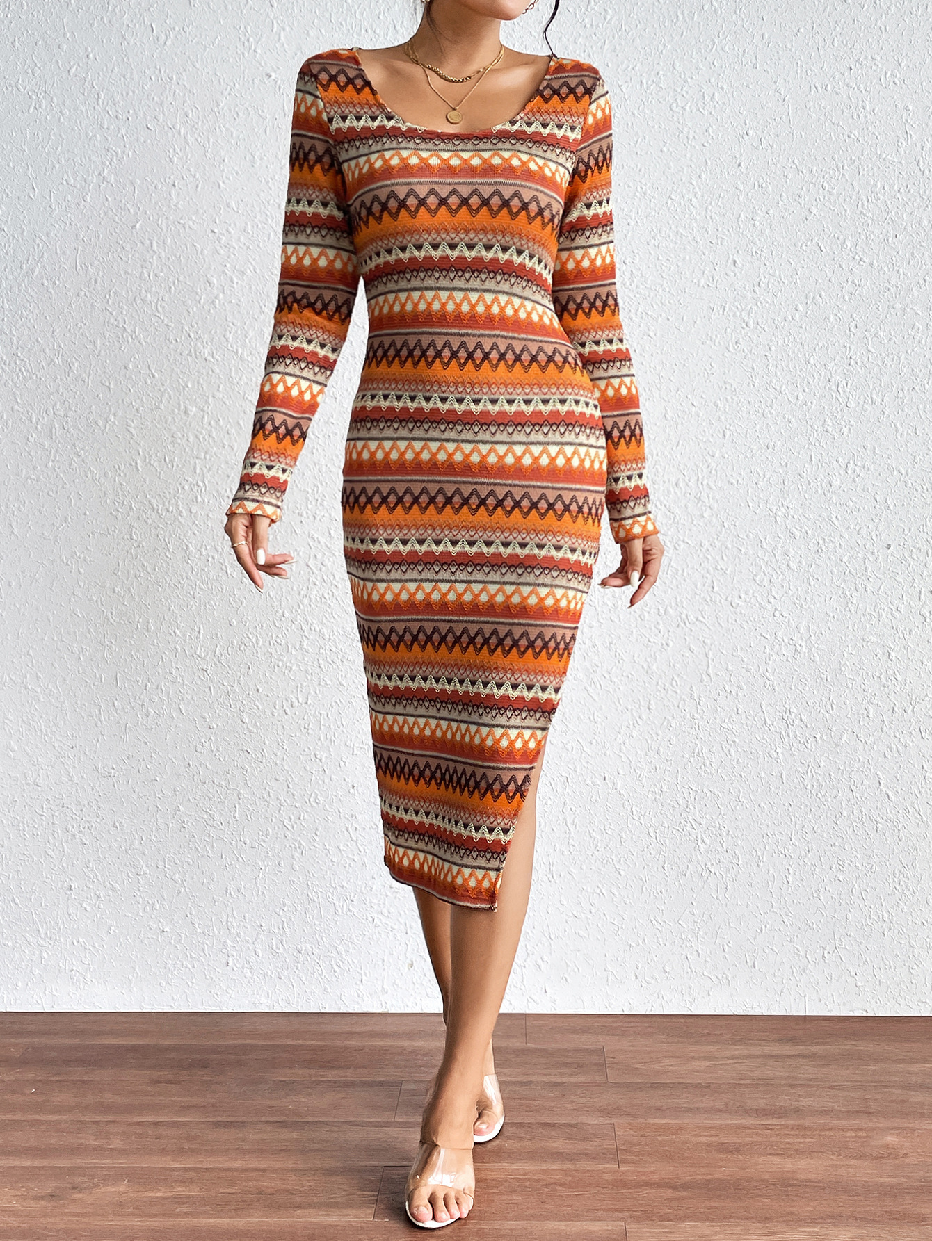 Women Clothing Urban Long Color Striped Dress Long Sleeve Dress Women Clothing