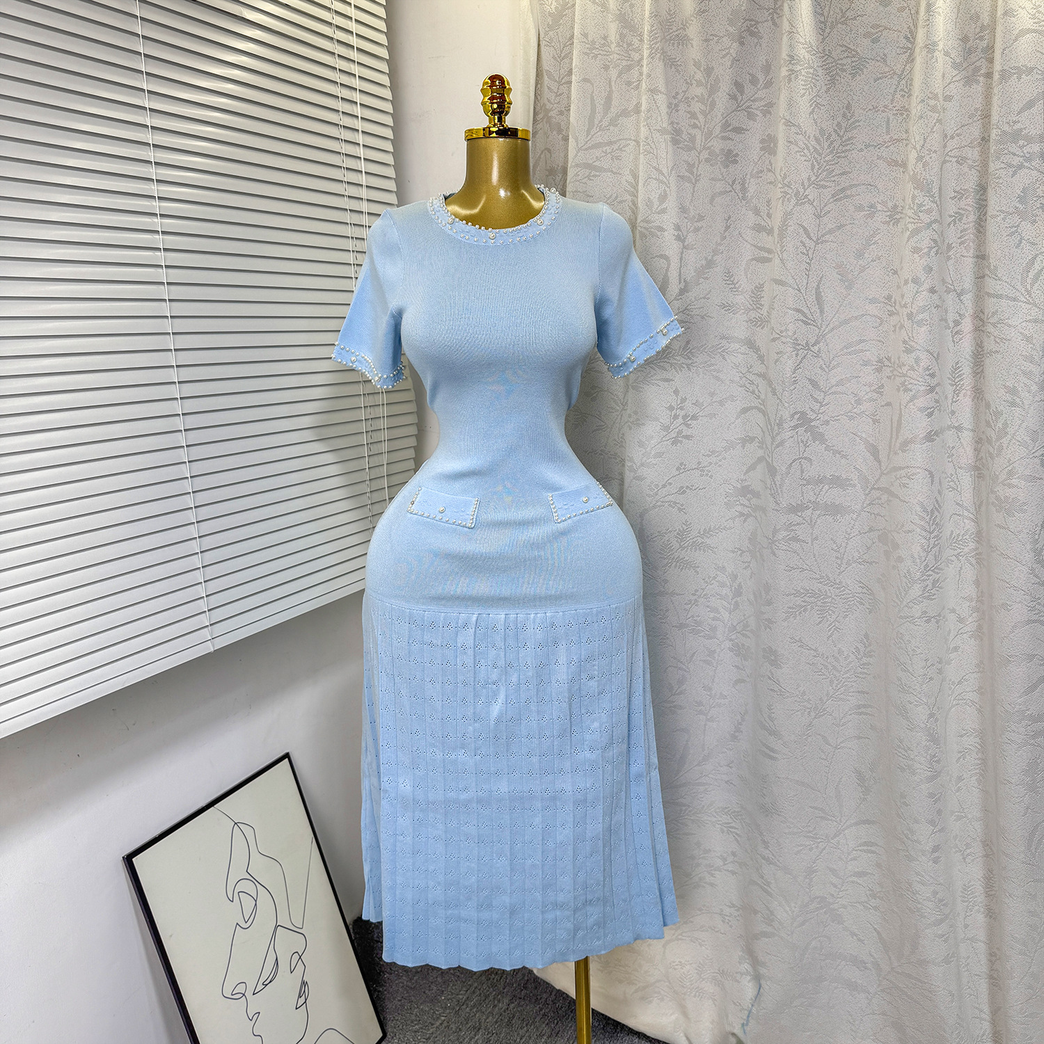 Women's French Style Beaded round Neck Short Sleeve Knit Dress Elegant Slimming Inner Sweater Dress_ecoleips.com