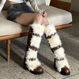 摸鱼长筒靴原创设计棕色羊毛一体厚底靴子女骑士靴辣妹长靴女