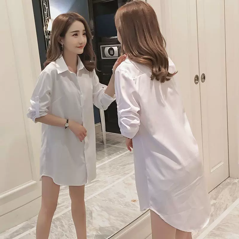 韩范男友诱惑长袖白衬衫打底上衣女宽松中长款家居衬衣休闲百搭
