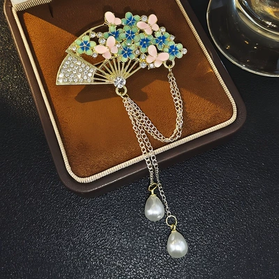 Chinese-Style Folding Fan Enamel Brooch Yaxa sancaqları