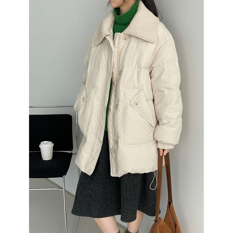 Korean-Style Thickened Warm Knitted Collar Spliced down Jacket for Women, Mid-Length White Duck down Coat H2869