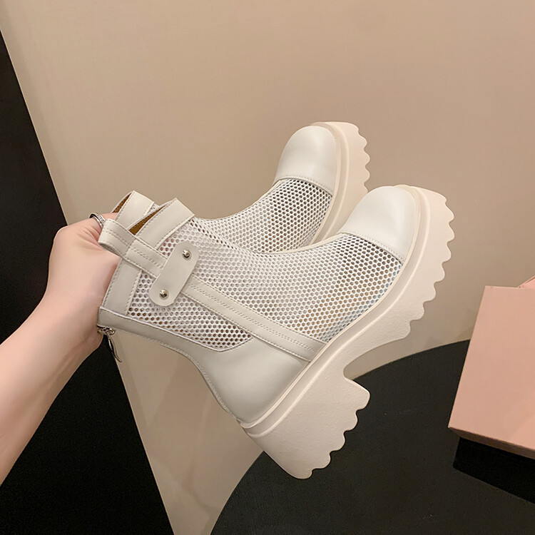 Boot nữ cổ cao đế dày gót bánh xốp da bò lưới thoáng khí xuân hè 2024 — Màu đen, Màu trắng be chi tiết 104