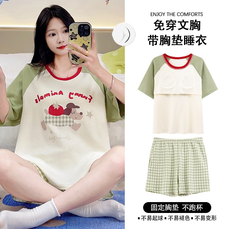 With Chest Pad Summer Pajamas Short Sleeve Shorts Women's Summer 2025 New Cotton Cute Junior High School Students Home Clothes suit With Chest Pad Summer Pajamas Short Sleeve Shorts Women's Summer 2025 New Cotton Cute Junior High School Students Home Clothes suit