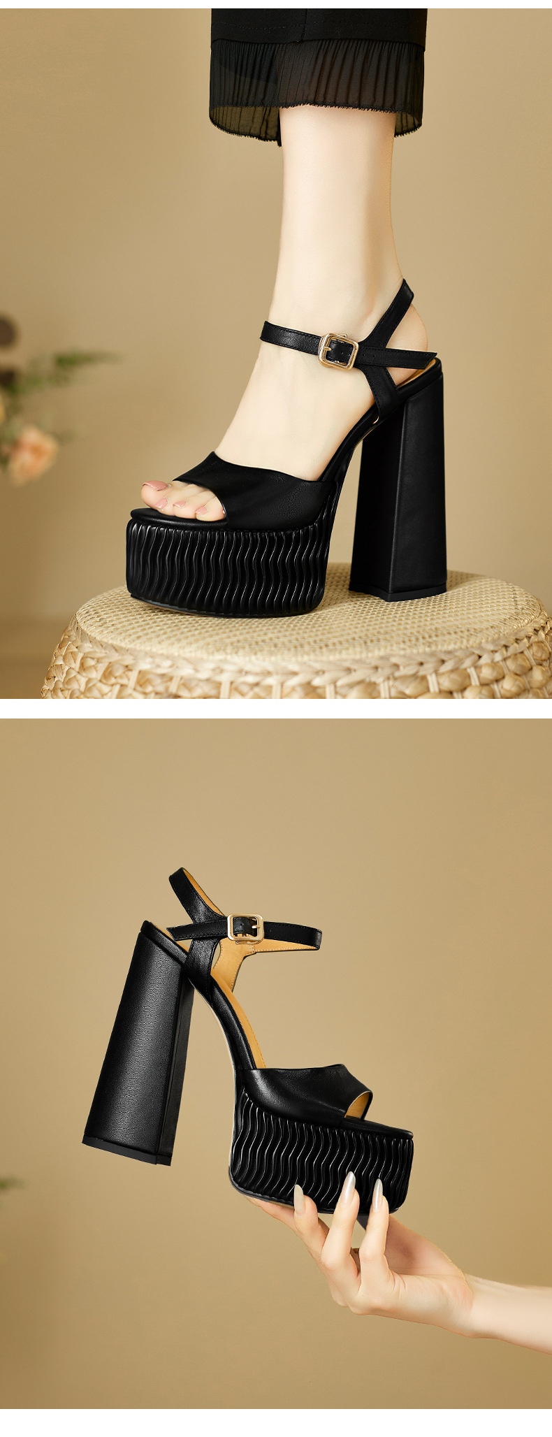 Sandal cao gót nữ quai ngang miệng cá đế xuồng 15 cm da thật — Màu đen chi tiết 9