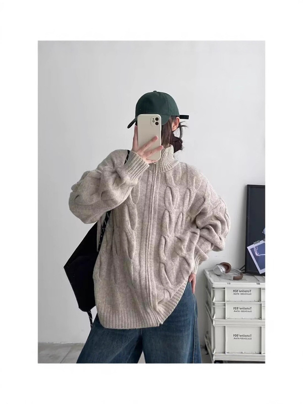 拉链立领开衫毛衣女款秋冬季美式慵懒风麻花设计感宽松针织衫外套|undefined