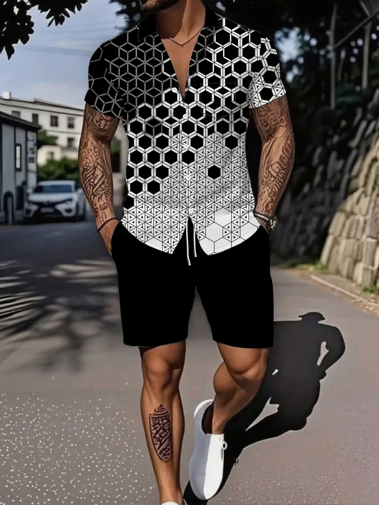 Ensemble deux pièces pour homme : chemise à manches courtes respirante et ample, imprimé lettres, style décontracté idéal pour l'été._voghion.com