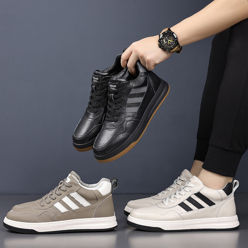 Invierno de piel de vaca nueva zapatos casuales de alto nivel para hombres, cuero real y terciopelo, zapatos de algodón cálido para hombres, zapatos blancos para hombres