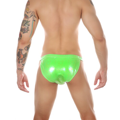 CLEVER-MENMODE Men's Reflective Metal Texture Laser Faux Leather Surf Swim Trunks with Side Buttons Innerwear Medium