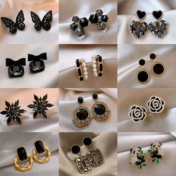 Silver needle black crystal geometric earrings niche Joker earrings fashion temperament luxury high-end earrings wholesale