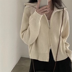 グレーのジッパーラペルジャケット、女性用秋冬レトロニットセーターカーディガン、インナートップス、レトロスタイル