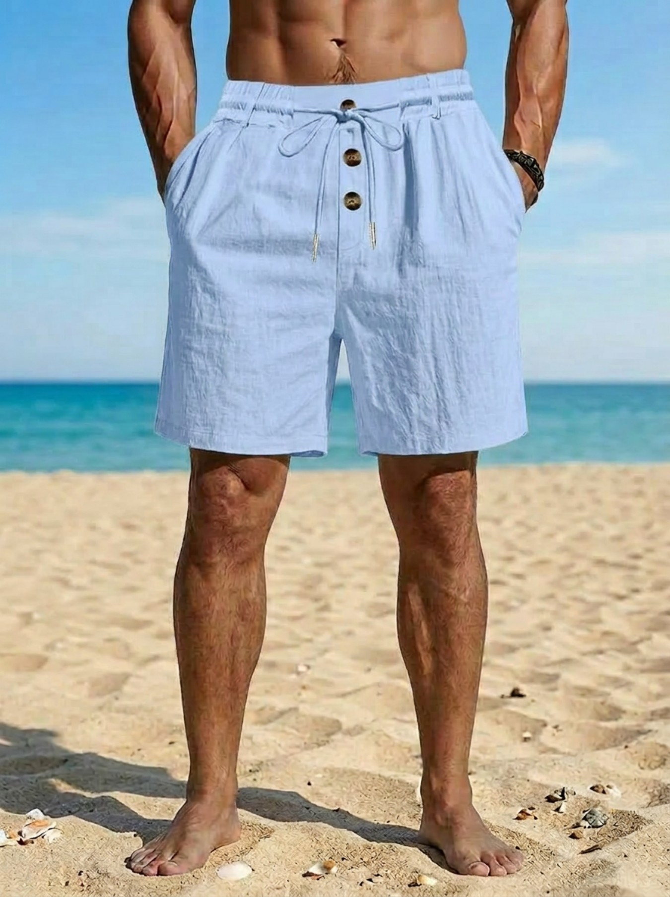Men's Loose Fit American Linen Beach Casual Washed Button Five Point Sports Shorts mid Waist Summer Polyester Shorts_viptrois.com