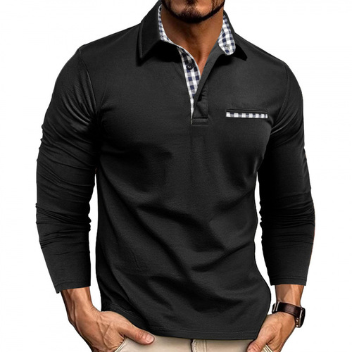 New European and American Men's Casual Fashionable Polo Shirt, Turn-Down Collar Long-Sleeved Color-Block T-Shirt