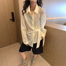 设计感腰部系带收腰显瘦衬衫女早秋新长袖不规则下摆别致气质上衣