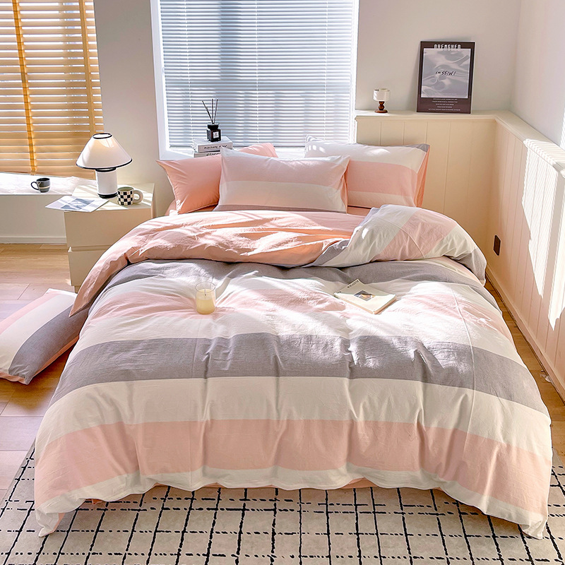 Juego de tres piezas de algodón lavado teñido en hilo, dormitorio de estudiantes universitarios, juego de literas, sábana, sábana, sábana, juego de cuatro piezas