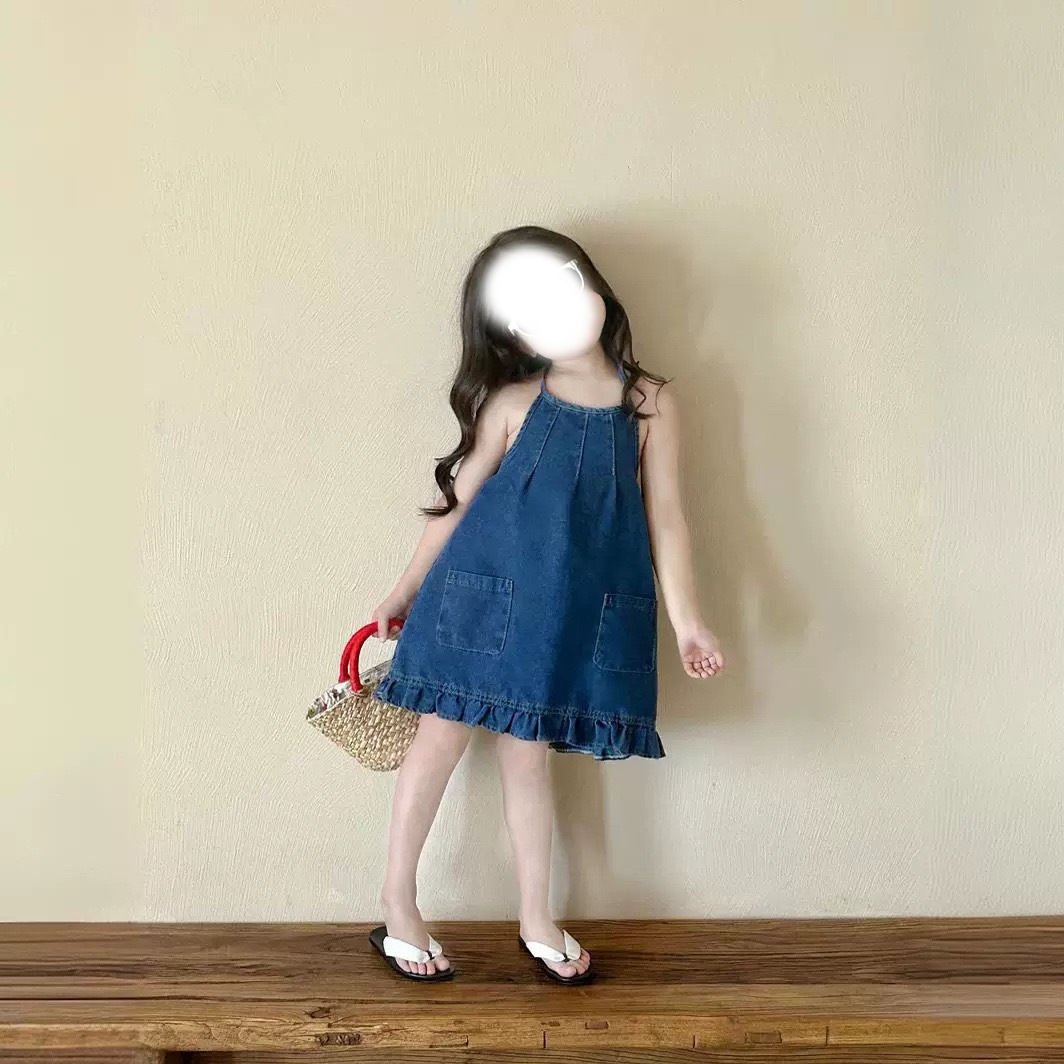 Qiao Yu Children's Clothing Wholesale Girls' Dress Summer 24 New Children's Baby Girl Halter Backless Denim Dress