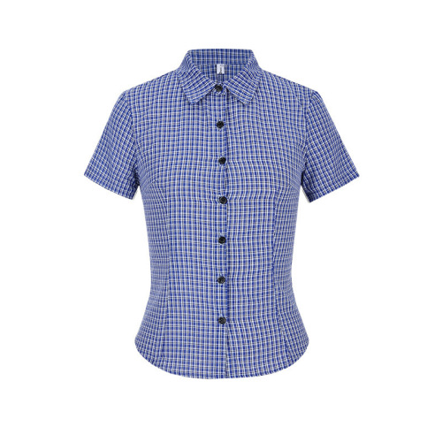 Women's Fitted Slimming Short-Sleeve Plaid Belted Short Shirts (Korean Style)