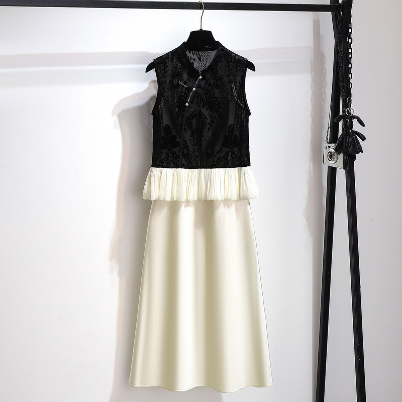 Hepburn Style Acetate Satin Suspender Dress with Ruffles and Sleeveless Shirt for Women, 2026 Summer New Two-Piece Set