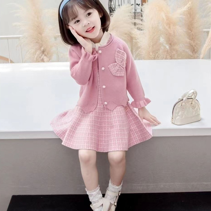 2026 New Children's Clothing Girls' Dress Set Bow Jacquard Cardigan Jacket Skirt Princess Dress