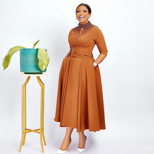 Cross-border women's African elegant side-inserted wide belt pocket design dress with stand-up collar and same-color front and back bead embellishment