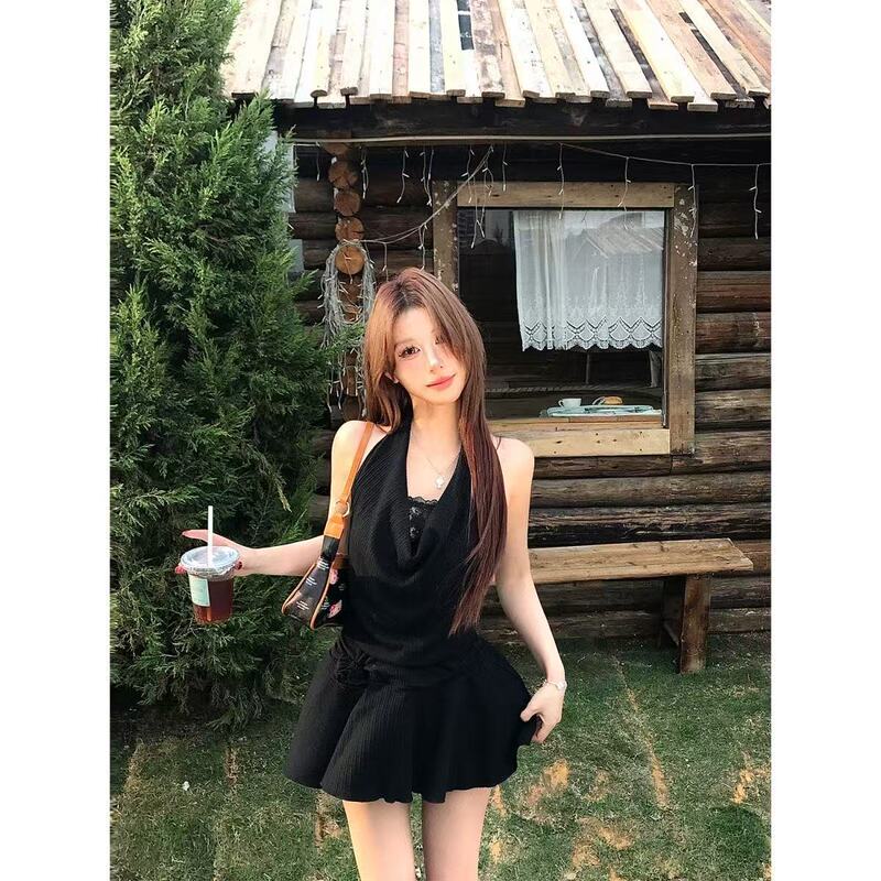 2025 New Black Sling Neck dress Children Summer Wear French Elegant Seaside Holiday Skirt