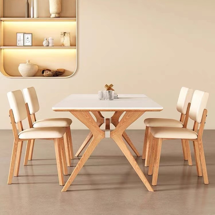 Estilo crema Placa de roca de madera maciza mesa de comedor rectangular hogar pequeño apartamento moderno minimalista nórdico brillante mesa de comedor y silla combinación