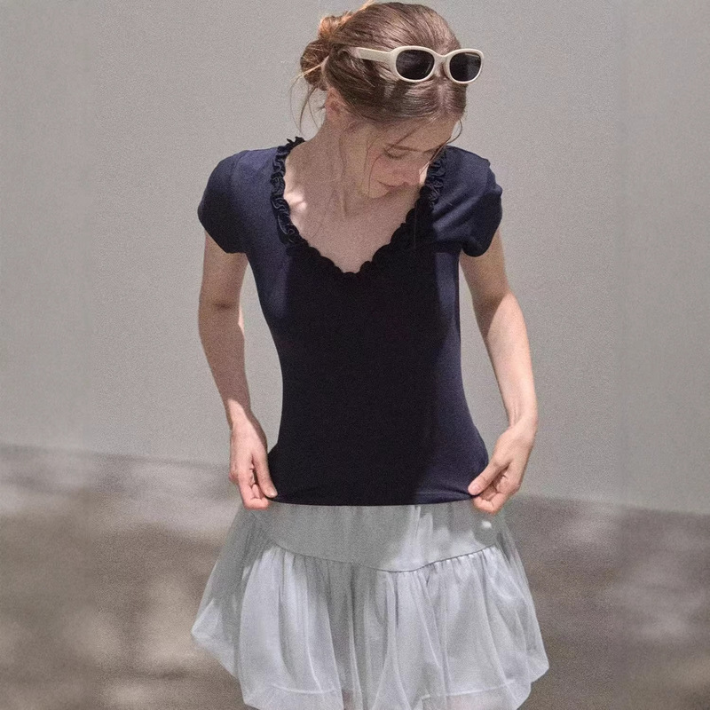 In Stock: French Style Casual Ruffle Trim Slim Fit Short Sleeve T-Shirt 2026 Summer New Versatile Top In Stock: French Style Casual Ruffle Trim Slim Fit Short Sleeve T-Shirt 2026 Summer New Versatile Top