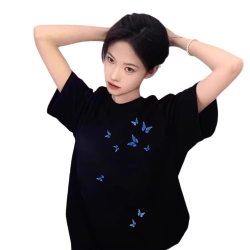 2025 Summer New Japanese Style Butterfly Print Women's Short-Sleeve T-Shirt Bestselling Casual Round Neck Loose Long-Sleeve Ins