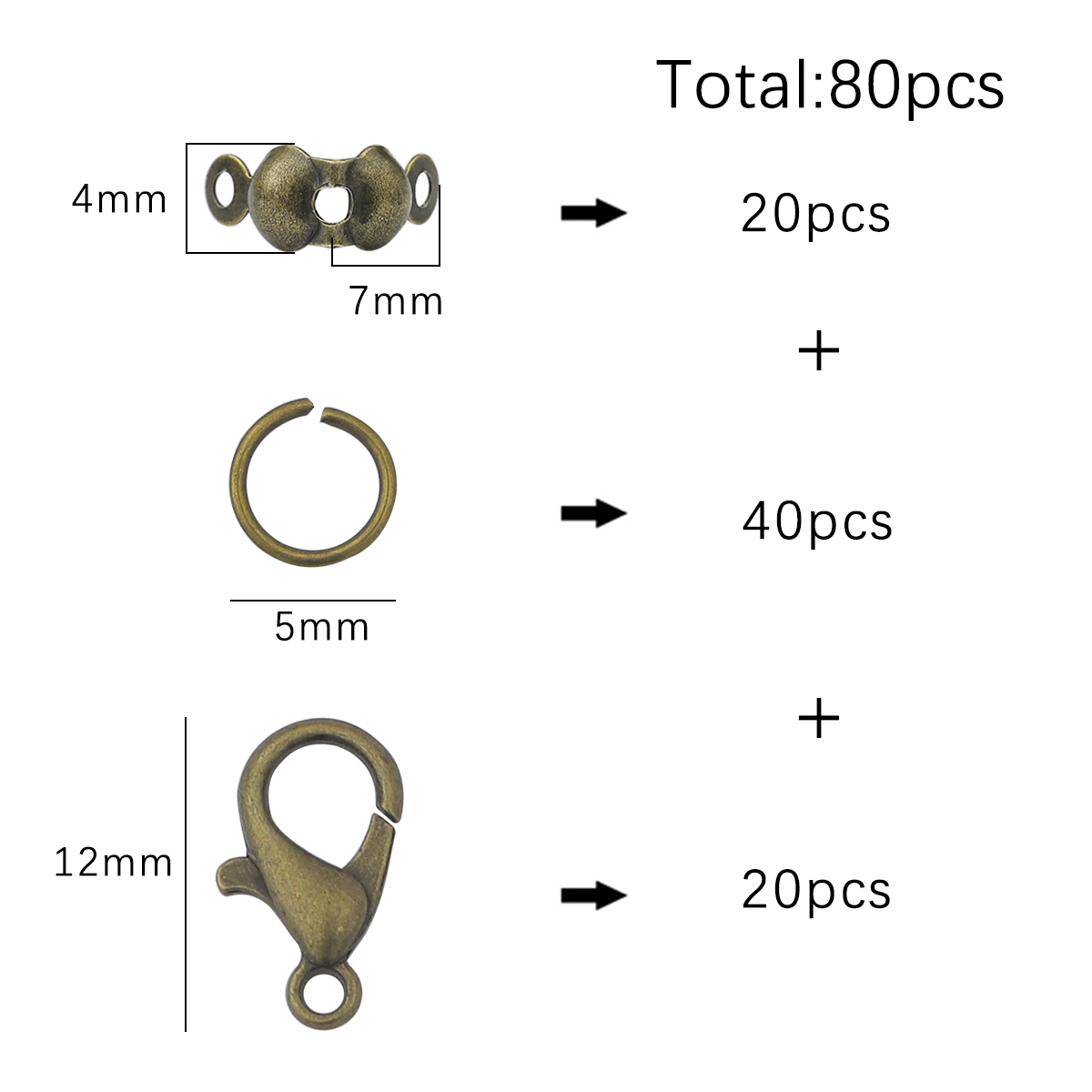 정장 스타일#고대 청동| 액세서리 세트, 랍스터 걸쇠 12mm, 약 20개 + 0.7*5mm 단일 원형, 약 40개 + 4x7mm 커버 버클