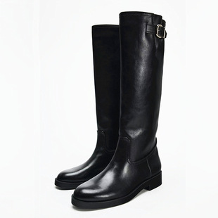 2024 winter new black buckle decoration thick heel trouser boots round head thick bottom but knee knight boots women